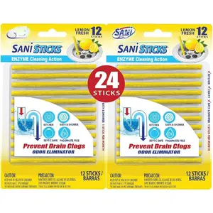 Sticks Drain Cleaner and Deodorizer, 24 Count,  Scent Enzyme Pipe Cleaners, Eliminate Odors,  Clogged Drains, Safe for Sinks, Bathtub Drains, Septic Tanks