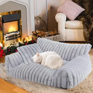 Cute  Couch Bed for Indoor Cats, Fluffy Pet  Sofa with  Soft Corduroy Fleece, Cute Small  Beds for Small Dogs, Fuzzy Puppy Chair with Removable Washable Cover (24x18x10,Grey)