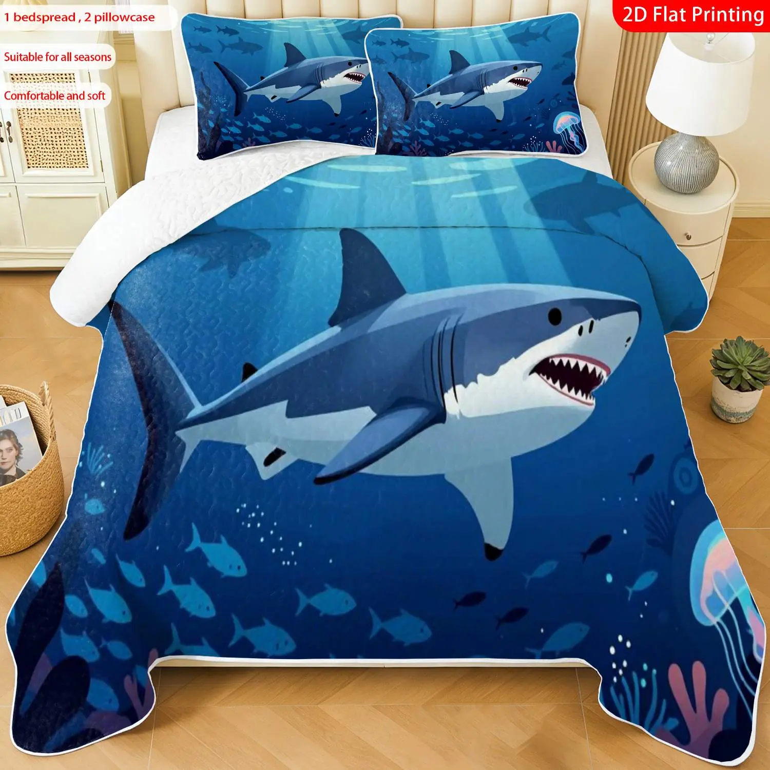 3pcs, 2D flat print Ocean Shark Pattern Quilted Bedspread Set multiple sizes available, bedding set, festive decorative bedding, ideal for bedroom décor(1 bedspread , 2 pillowcase)