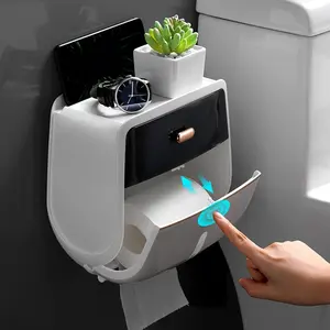 Wall Mounted Toilet Paper Holder with Shelf for Bathroom, ABS Plastic, No Drill Flip Cover Design
