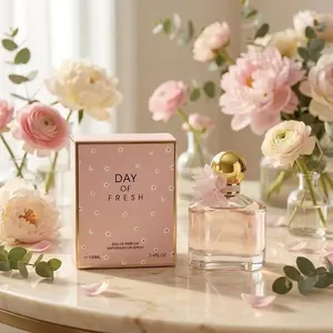 DAY OF FRESH Eau de Parfum for Women - 100mL (3.4 FL.OZ.) - Sweet Floral Fragrance Spray with Ribbon Flower Accent, Perfect Gift for Her Charming & Delicate Pink Floral Eau de Parfum  Feminine Floral Scent with Gold Cap and Pink Fabric Flower Decor