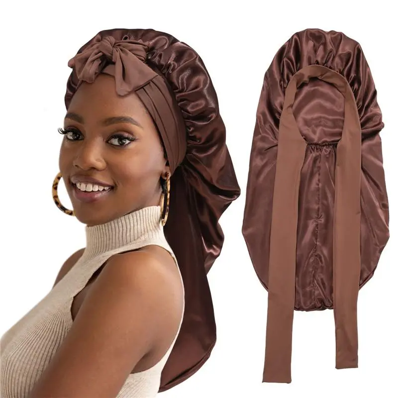 Women’s Brown Double-Layer Long Satin Braiding Bonnet Hat, 1pc Adjustable Elastic Haircare Cap with Tie Band for Braids & Curly Hair, Smooth Heatless Night Wrap, Braiding Bonnet Hats