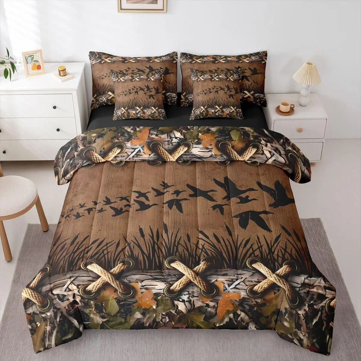 Mallard Duck Comforter Set with Sheets Brown Camouflage Hunting 7 Pieces Bedding Set Cabin Lodge Camo Bed in a Bag Bear Tree Branch Camoufalge Room Decor Wild Lake