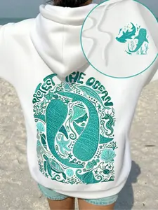 Women's Cartoon Ocean Print Hoodie, Loose-Fit Casual Home Wear, Thick Knit Fabric, Fall & Winter Daily Use, Versatile Top, Printed Hoodies