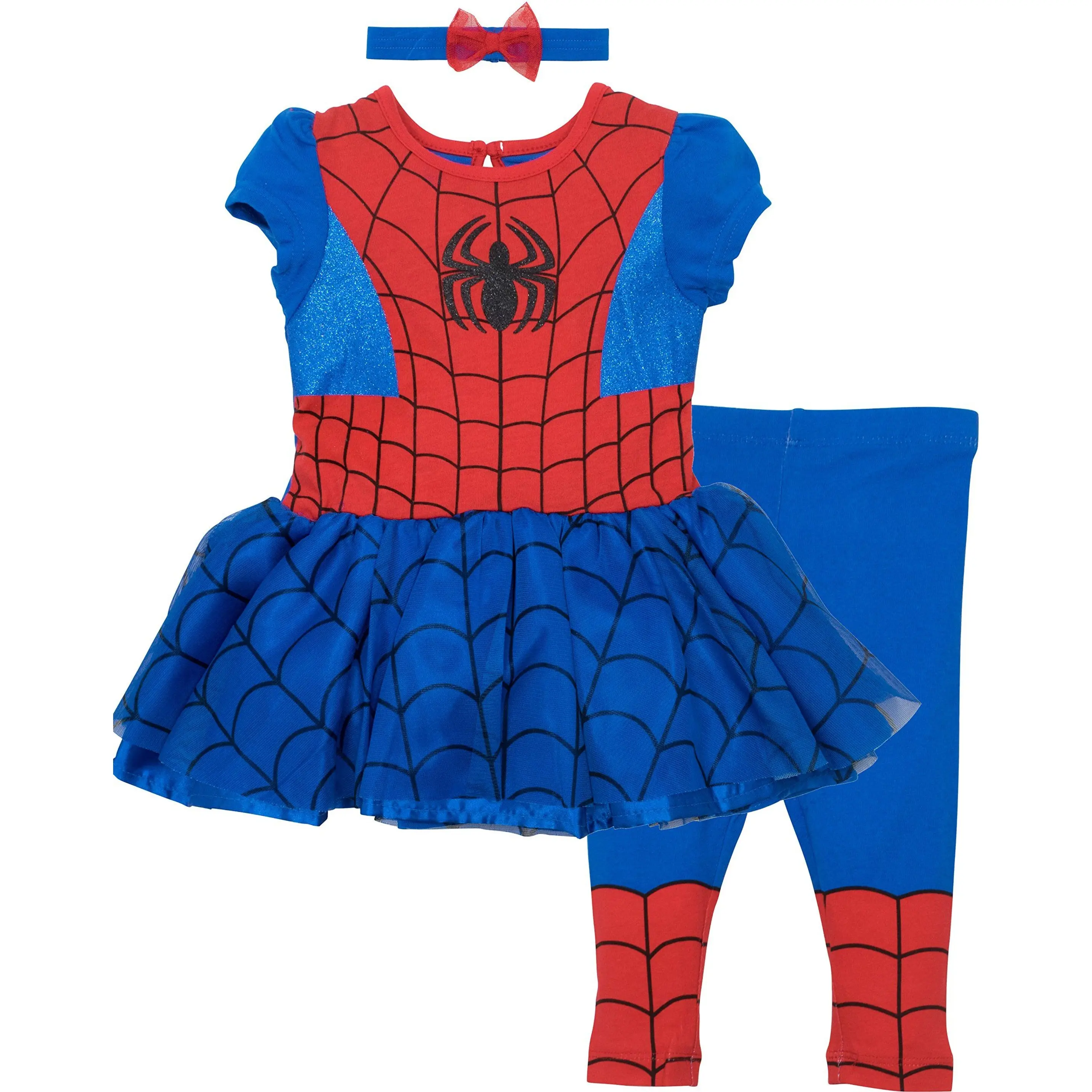 Marvel Spider-Man Girls' 2-Piece Costume Set - Glitter Tutu Gown, Printed Tights, Red Blue, Toddler to Little Kid, Sparkle Effect, Glitter Fabric, Flexible Fit