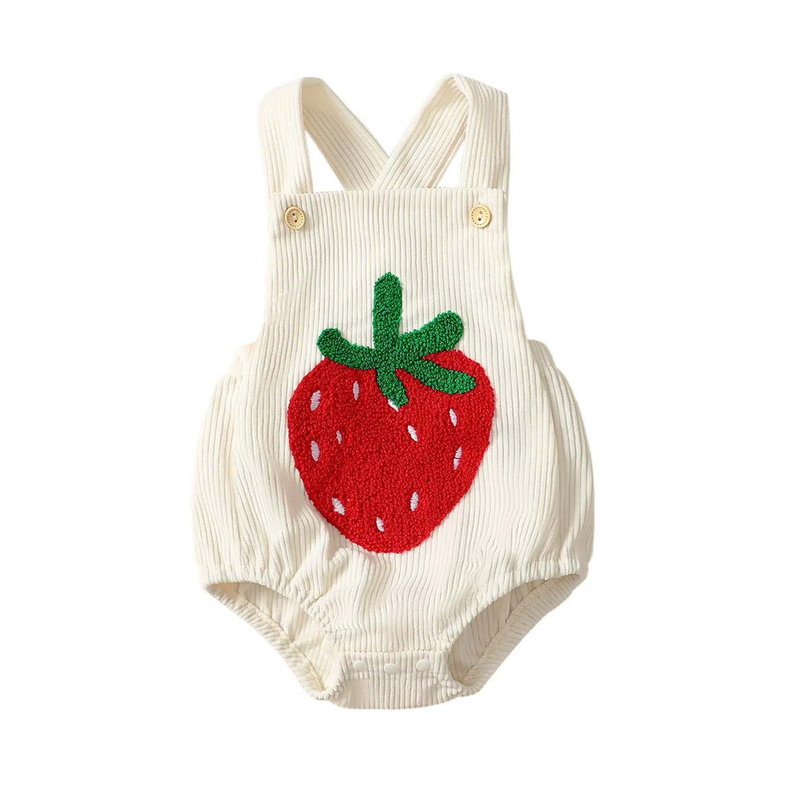 FOCUSNORM Newborn Baby Girl Summer Clothes Strawberry Embroidery Romper Sleeveless Corduroy Overalls Bodysuit Jumpsuit Outfit