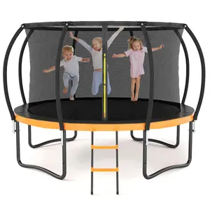 12FT Outdoor Big Metal Frame Trampoline with Inner Safety Enclosure Net, Ladder, PVC Spring Cover Padding, for Kids, Black&Orange Color