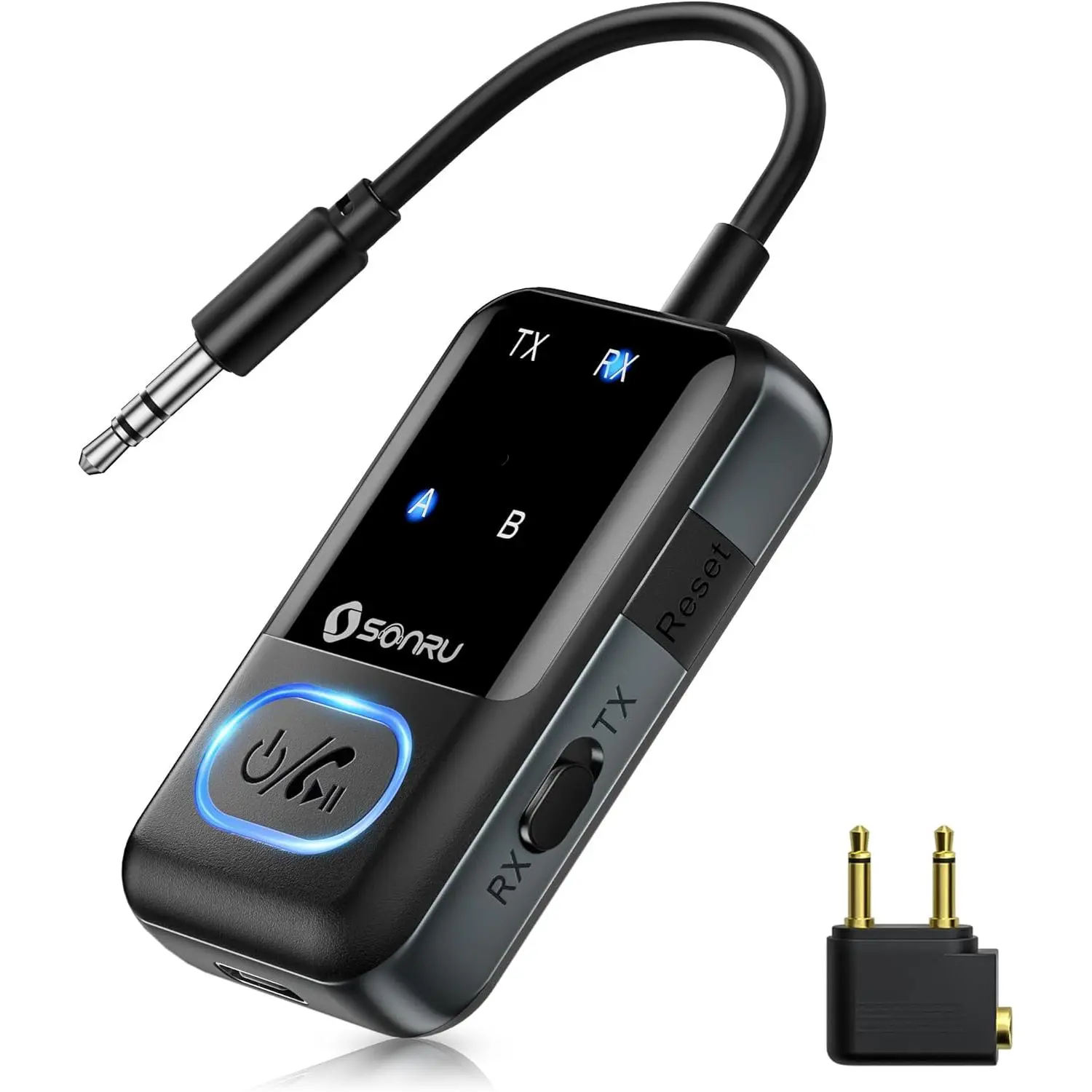 Bluetooth 5.3 2-in-1 Wireless Transmitter Receiver Adapter, Plug-and-Play Bluetooth Music Audio Adapter for Flight Users, 3.5mm Aux Jacks, Dual Headphones, TV, Cell Phones, Bluetooth Music Audio Adapters