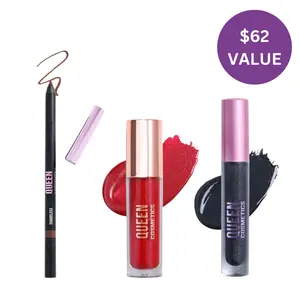 Queen Cosmetics Vampire Lip Kit - Shameless Lip Liner & Black Widow Gloss & Cherry Pie Gloss - Glossy Shimmer Lipstick for Gothic Glam & Sultry Red Carpet Looks