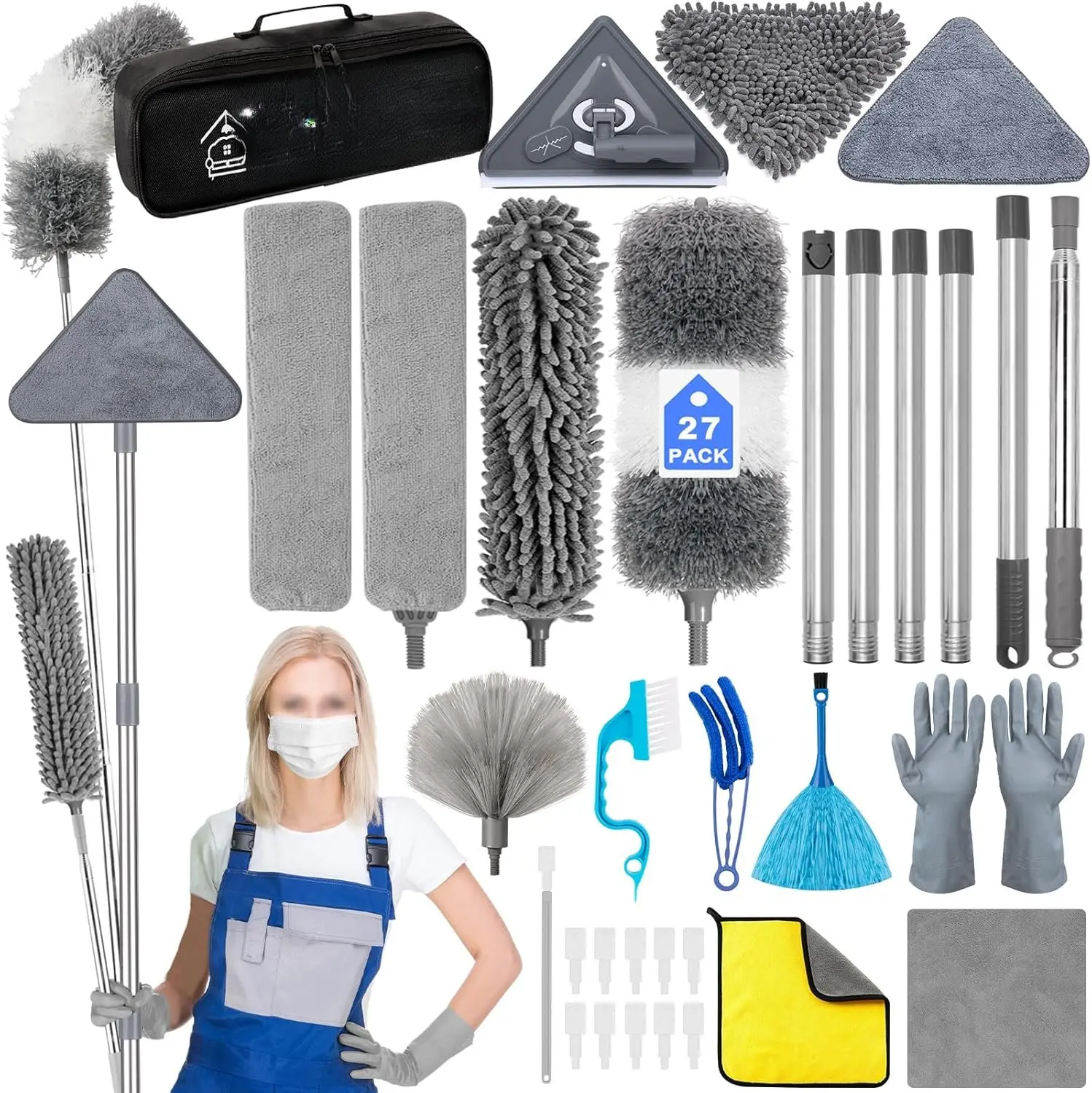 27-Piece Microfibre Cleaning Supply Kit with 30-100in Steel Extension Pole, Washable Bendable Head, Wall Mop, Hand Brush, Window Pad, Replacement Head for Ceiling Fans, High Ceilings, Grey