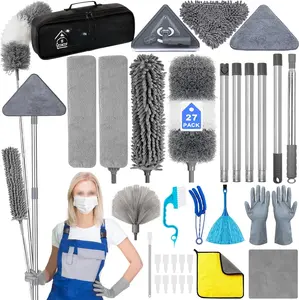 Microfiber Duster Kit 27 count with 30 to 100 Inches Extension Pole and Wall Cleaner Mop, Washable and Bendable  Duster for Cleaning Ceiling Fans, High Ceilings, Cobwebs, Blinds, Grey