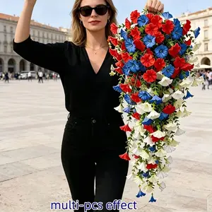 9 pieces of three-color combination patriotic flower artificial petunia, large artificial wall hanging, red, white, and blue hanging flowers, patriotic flower wreath, July 4th decorations artificial flower plants, realistic petunia fake artificial plants