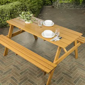 JONATHAN Y Shoreham 59" Modern Classic Outdoor Wood Picnic Table Benches with Umbrella Hole