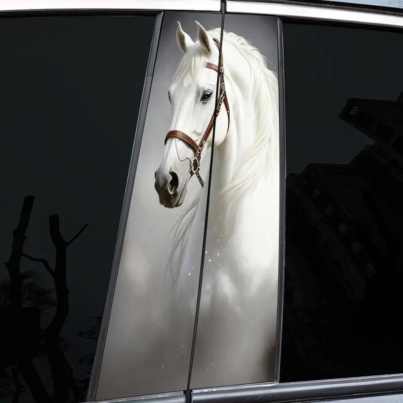 2Pcs White Horse Pattern Car B Pillar Sticker - Soft Light, Lightning - Durable PVC Sticker, For Windows, Walls and Glass - Car Lovers Decoration, Art Personalization, Car Decals, Car Decorative Sticker