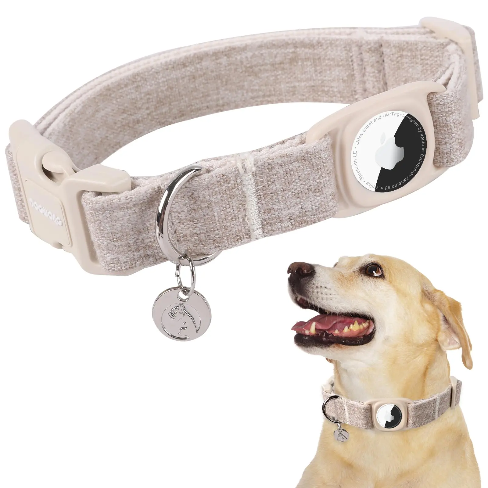DOGWONG Airtag Cotton Hemp Dog Collar, Heavy-Duty Adjustable Pet Ideal Gift for All Dog Breeds Durable Reflective Harness