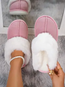 Women's Solid Color Plush Slippers, Fluffy Home Slippers, Casual Soft Comfortable Home Shoes, Warm Non-Slip Indoor Outdoor All Season Footwear