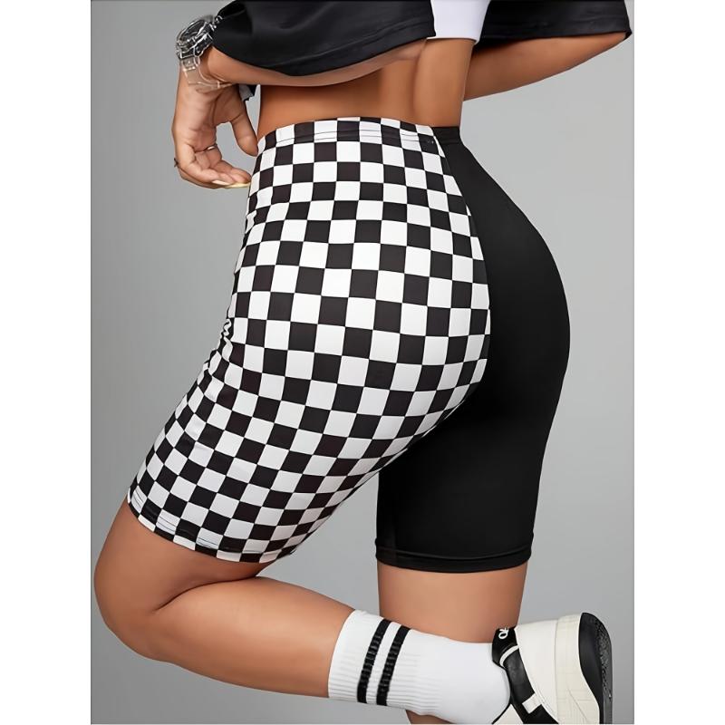 1pc Women'S High-Waisted Cycling Yoga Shorts, Modest Style, 95% Polyester 5% Spandex, Knit Fabric, All-Season, Black and White Gingham Pattern, Color Block Design