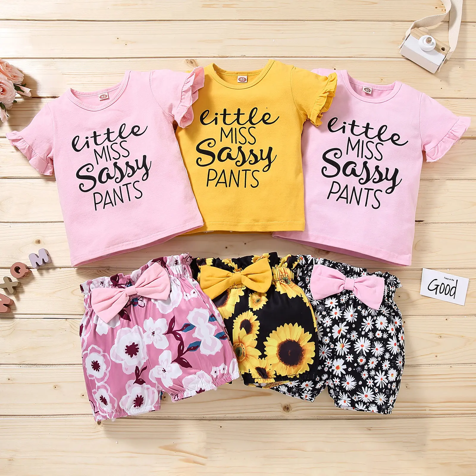 Kids Baby Girls Fashion 2-piece Outfit Set Short Sleeve Letter Print T-shirt+Floral Print Shorts Set