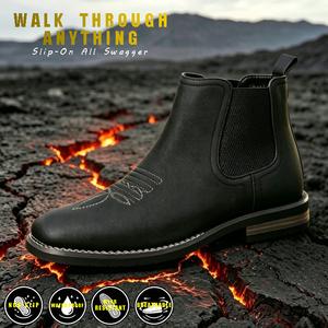 New men's Chelsea boots, square toe, retro style, classic and comfortable, simple and stylish black footwear, Western cowboy style fashionable casual boots. Durable boots for men