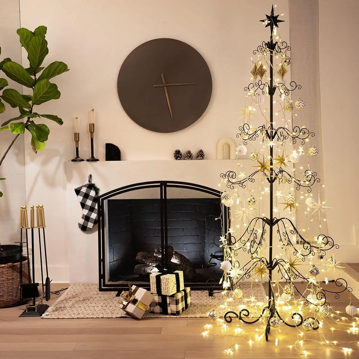 6.4ft Christmas Metal Ornament Tree Stand - Features Hooks for Ornaments Small Craft Items Wrought Iron Ornament Display Easy Assembly, Black