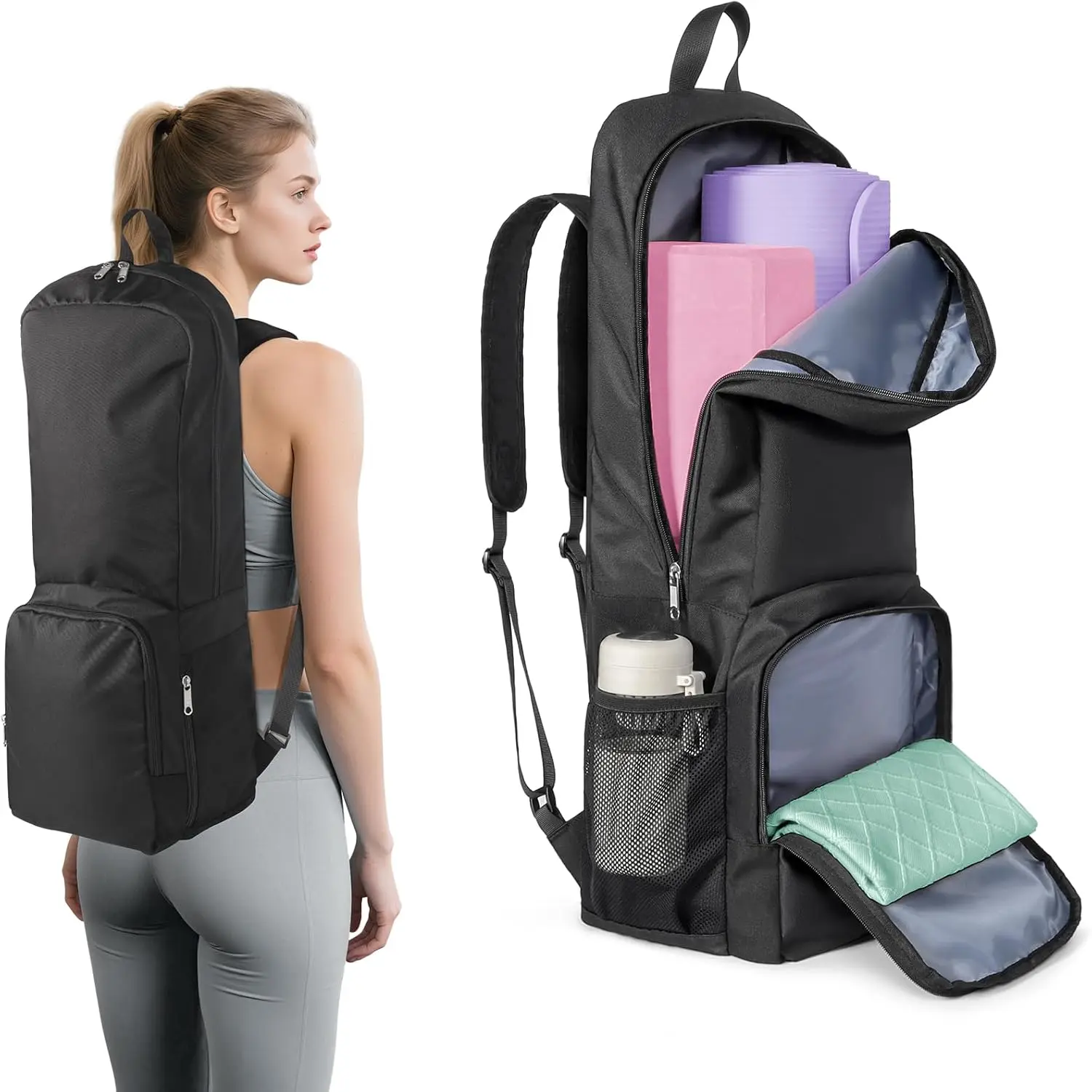 Unisex Vertical Yoga Mat Carrier Backpack for Adults & Women - Durable Water-Resistant Oxford Fabric, 26" Wide, 0.5" Thick, Adjustable Strap, Pockets, Zipper, Vertical Layout, Fits Mats/Blocks, for Yoga/Pilates Class