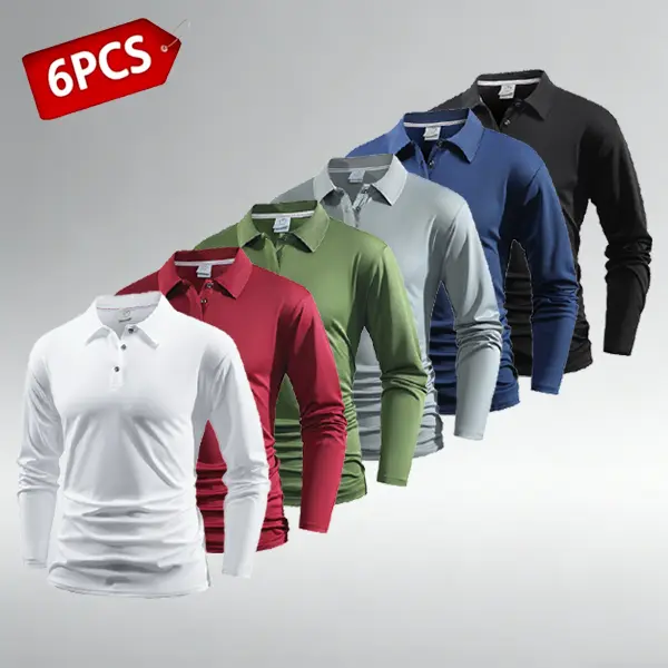 Men’s 6-Pack Basic Blank Front-Placket Polo Shirts - Lightweight, Breathable Long-Sleeve Tops for Business Casual, Sports, Blank Polo Shirts Golf Polo polo shirt