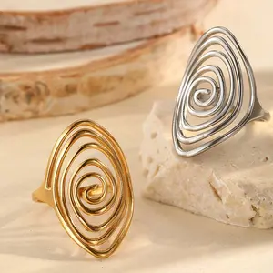 Stainless Steel Geometric Spiral Line Open Rings for Women Men Vintage Metal Adjustable Finger Rings Couple Jewelry Gifts
