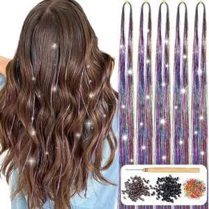 Hair Tinsel Kit with Tools 48 Inch 1200 Strands Colorful Tinsel Hair Extensions Fairy Hair Tinsel Kit Heat Resistant Sparkling Glitter Tensile Hair Accessories for Girls Women