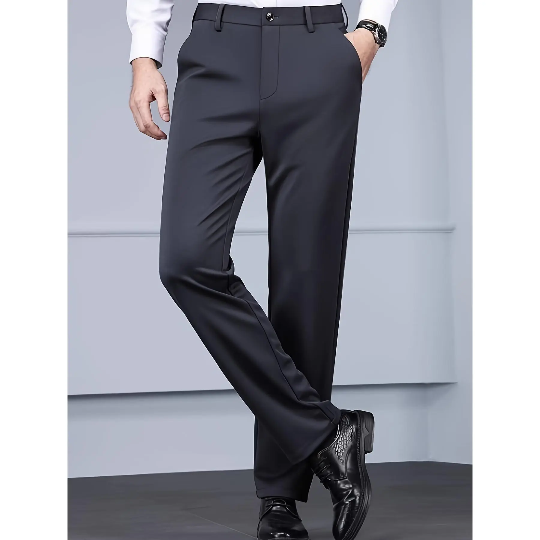 Men'S Relaxed Fit Straight Leg Dress Pants - Navy Blue, Casual Work Pants with Button Fly Closure, All-Season Comfort, Regular Waistline, Casual Workwear |   Relaxed Fit Pants |   Comfortable Fit