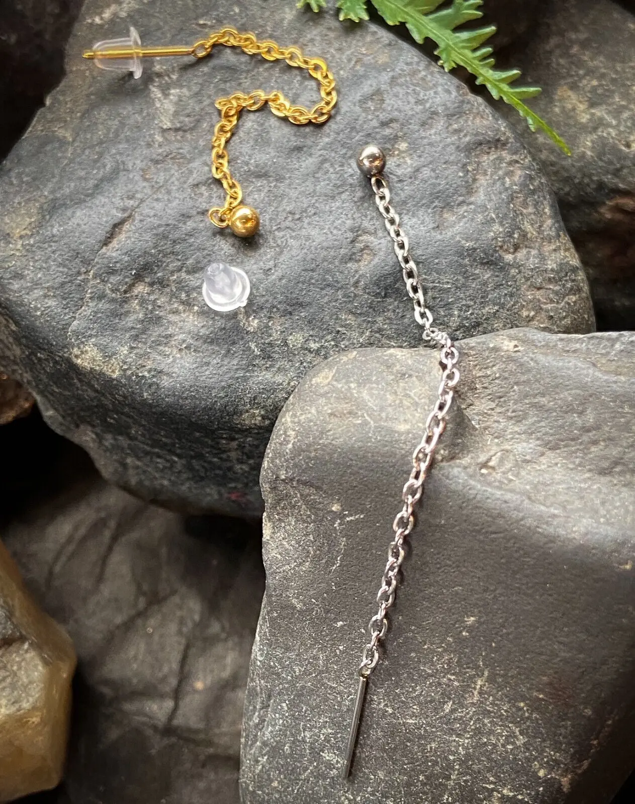 PAIR of Single Chain Free Falling Bar IP Stainless Steel 20g Earrings
