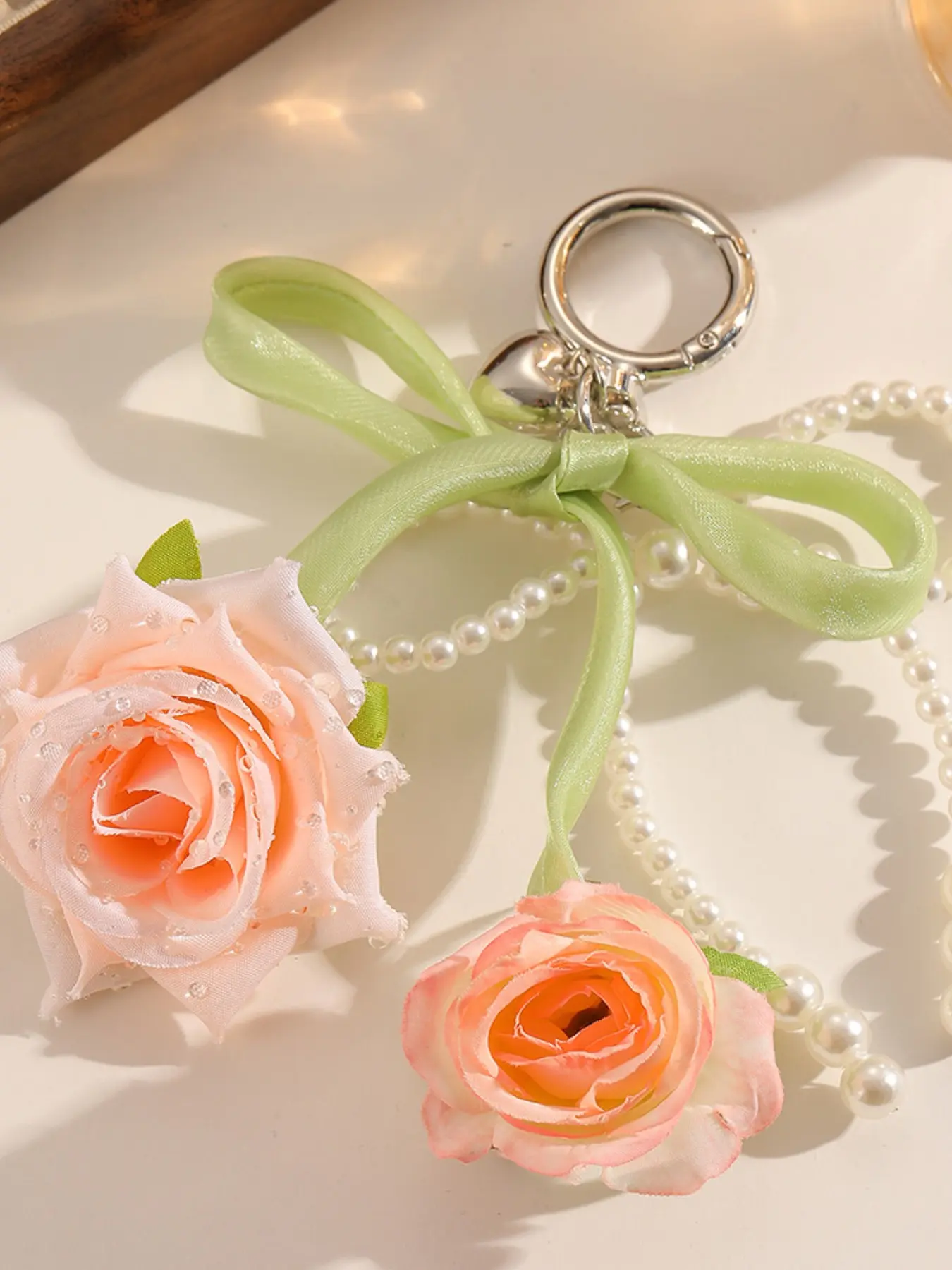 Handmade Rose Keychain, Pearl Rose Charm, Floral Bag Accessory, Elegant Car Key Chain, Gift for Friends, All Seasons Decor, Keychain for Bags