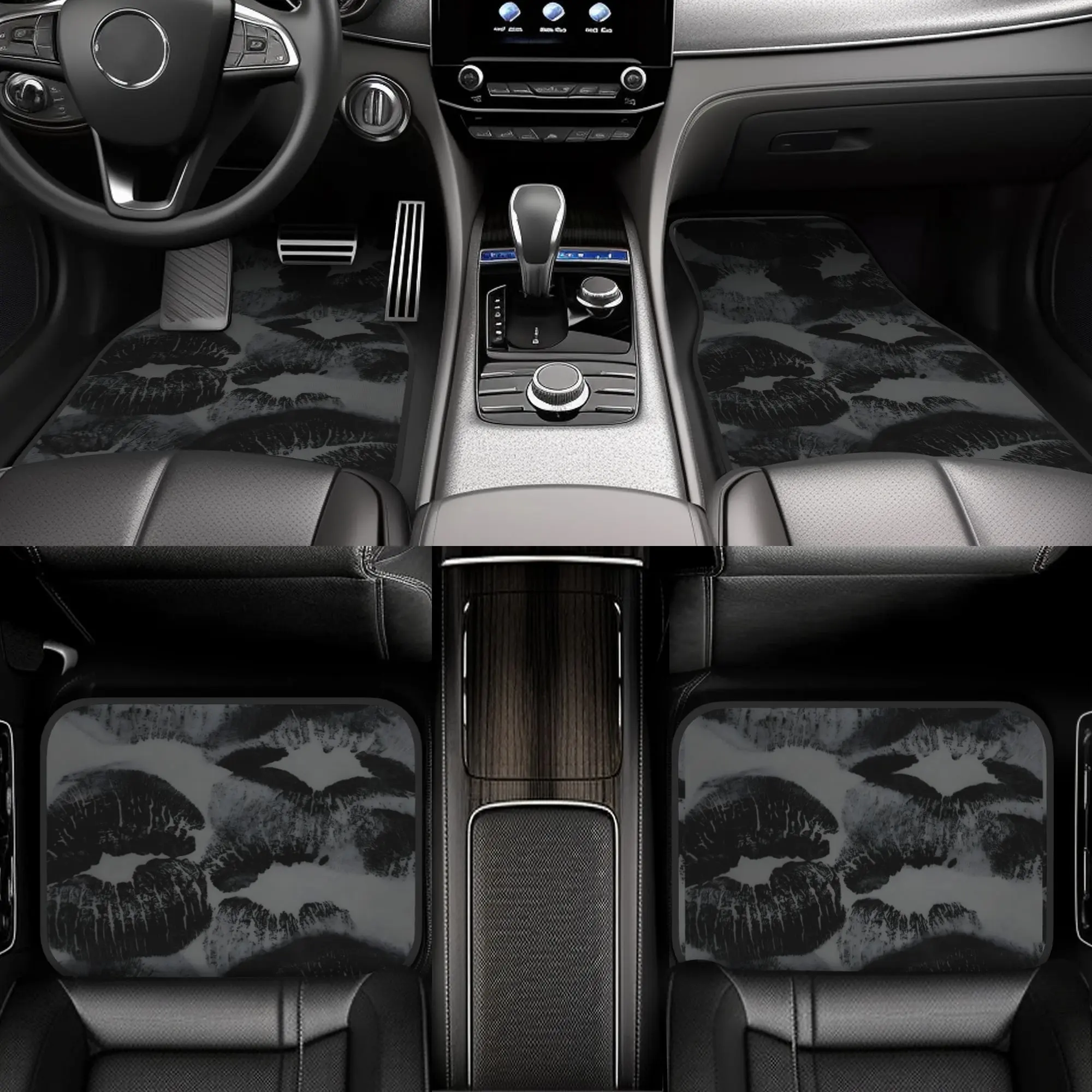 4-Piece pack of black and white lip print design premium car floor mats - universal easy-to-clean car interior accessories