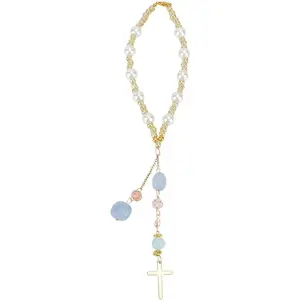 "Elegant Natural Jade Cross Car Hanging Ornament – Glass Beaded Pearl Charm for Rearview Mirror, Window, Balcony & Keychain Decor – Stylish Suncatcher Gift"