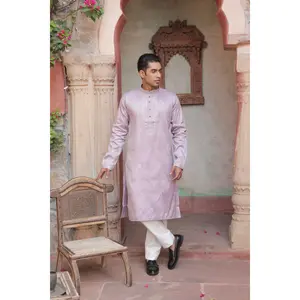 Men Mauve kurta with embroidery paired with Pants | Best for social occasions