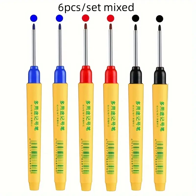 6 pieces/set of brand new high-quality 33mm black, blue, and red deep hole long head marking pens, woodworking drilling tile marking pens, Multi Purpose Pens, Permanent Drawing Markers, Multipurpose Marker Pen