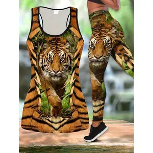 [Two-piece Tiger Print Outfit Set] Tiger Print Two-piece Set, Contrast Trim Tank Top & High Waist Leggings Outfits, Women's Clothing