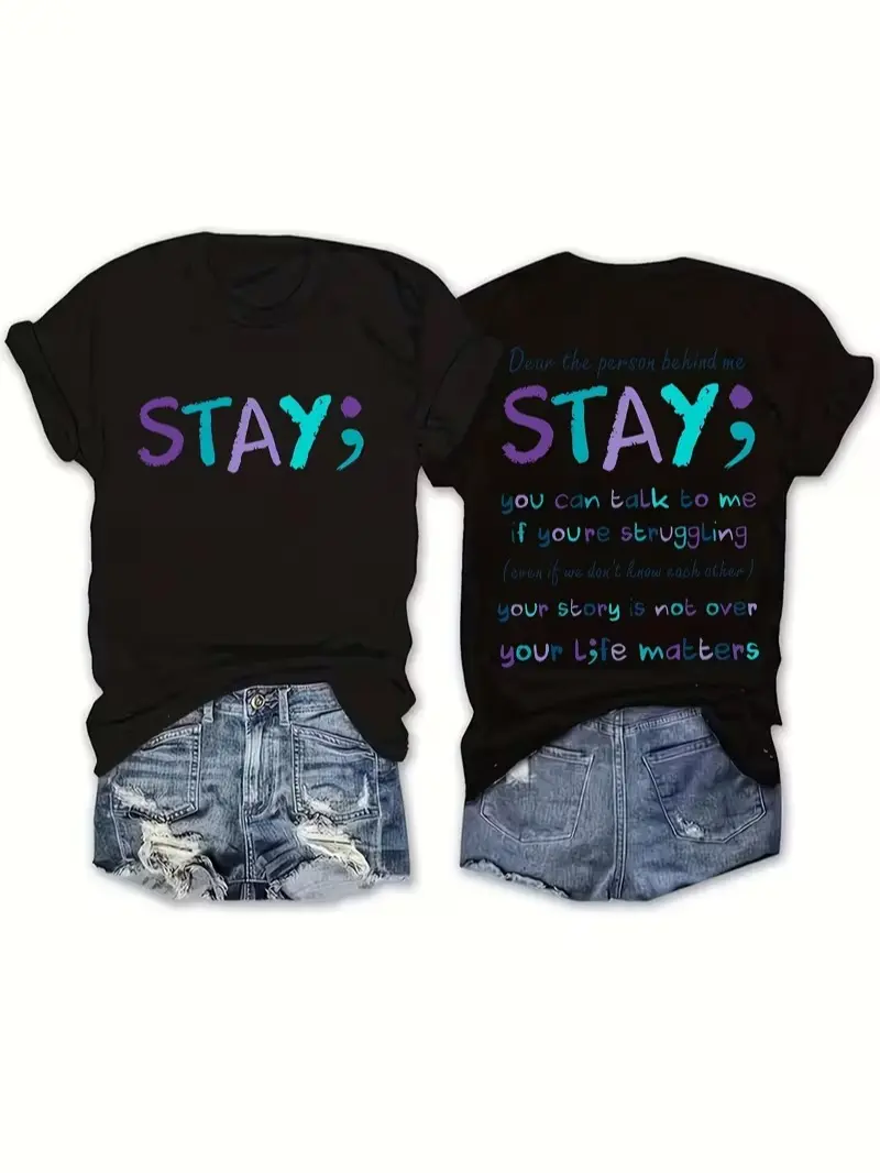 Stylish crew-neck short-sleeve T-shirt (featuring "STAY" printed on both sides)