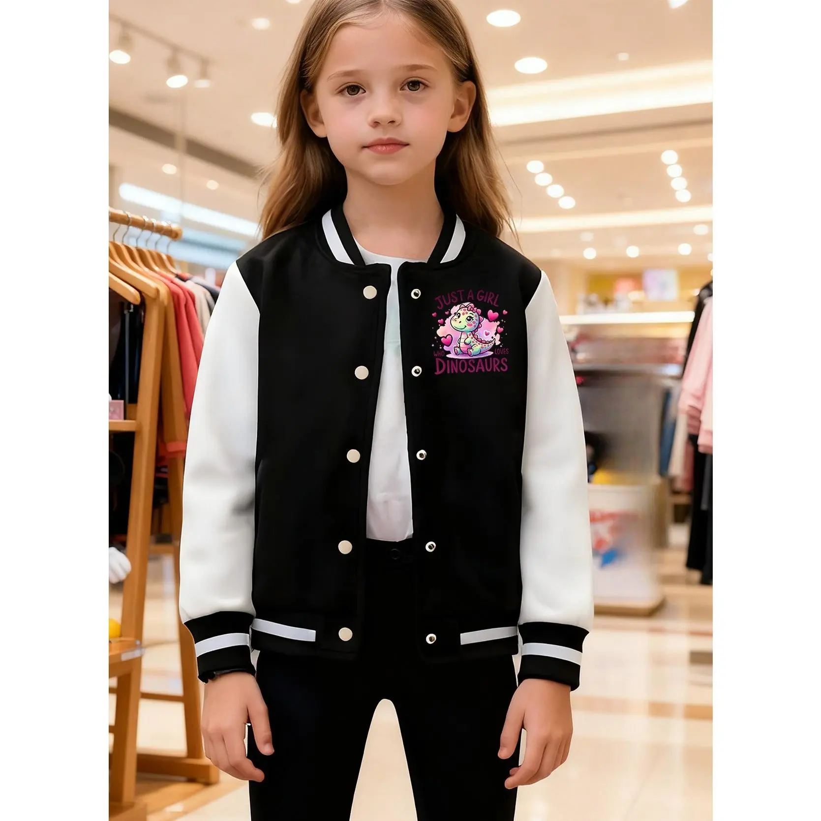 Girls' Baseball Collar Jacket with Dinosaur & "Just a Girl Who Loves Dinosaurs" Text - Pink & Casual Winter Coat, Machine Washable Warm Outerwear for Christmas & Thanksgiving Gifts, Dinosaur Party Outfits