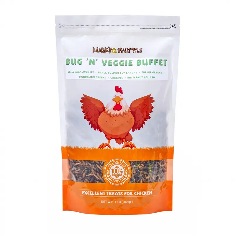 LuckyQworms Bug & Veggie Chicken Treats - Dried Mealworms BSF Larvae Carrots Greens 1lb Protein Mix Bug N Veggie Buffet Excellent Treats for Chicken US Dry Food Bird - Animal Feeding