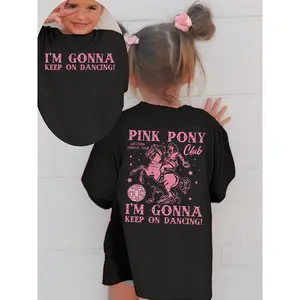 Girls' "PINK PONY CLUB. WESTERN PRINCES TOUR. I'M GONNA KEEP ON DANCING!" Graphic T-Shirt - Casual Short Sleeve Tee with Star & Checkered Ball Design, Perfect for Summer Outfits, Girls T Shirts, Dance Event Apparel, Playful Graphic Tee, Comfortable Fit