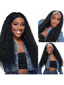 Jerry  Wave Headband Wig Human Hair 16-34 Inch Curly Headband Half Wigs for Black Women 10A Brazilian Virgin Glueless Wear Go Wigs 180% Density Natural Black Color Curly Afro Wig