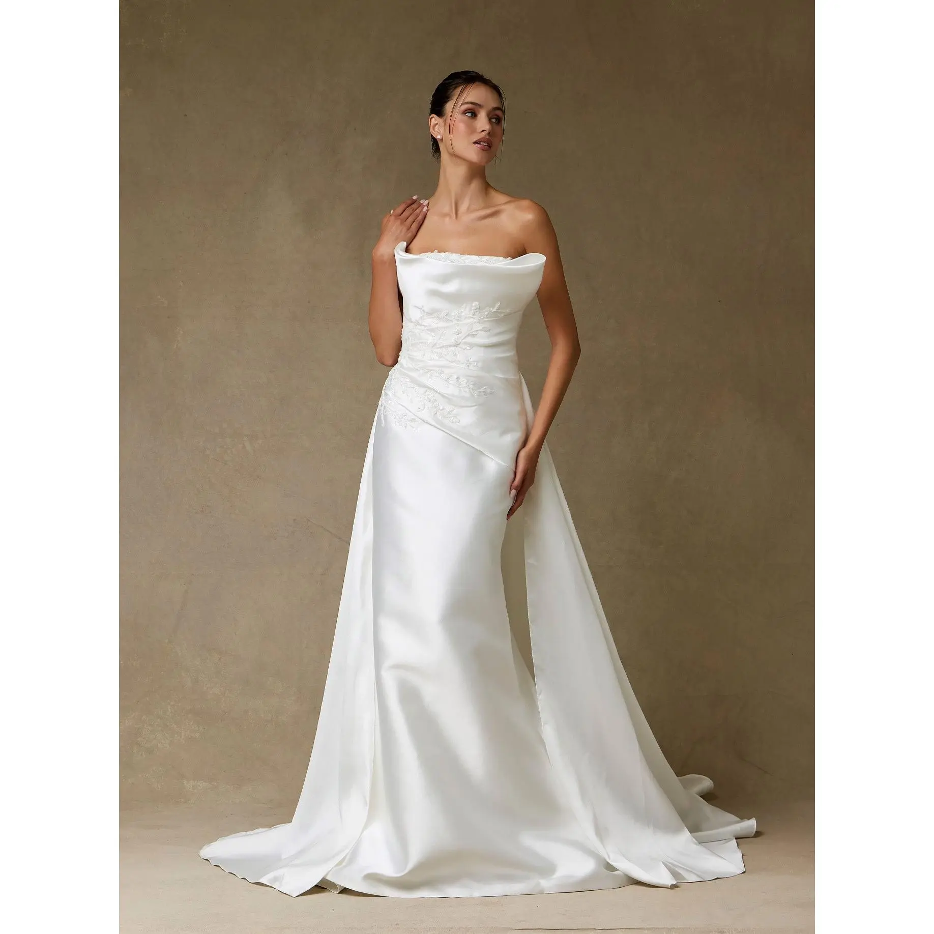 Strapless Mikado Wedding Dress – Modern Draped Satin Bridal Gown with Chapel Train -SIACW30083