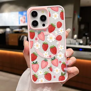 Strawberry Daisy Pattern Clear Magnetic Phone Case , Compatible with MagSafe Silicone Bumper Protective Cover For iPhone X XS 11 12 13 14 15 16 17 Pro Max Plus Air Cute Girly