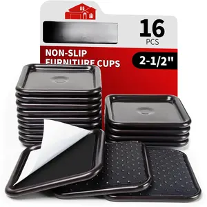 2 1/2" Square Non Slip Furniture Pads with Drip Glue Non-Woven Fabric Bottom, 16 count Anti Skid Furniture Caster Cups Floor Protectors for Bed, Sofa, Table, Chair, Cabinet, Brown/Black
