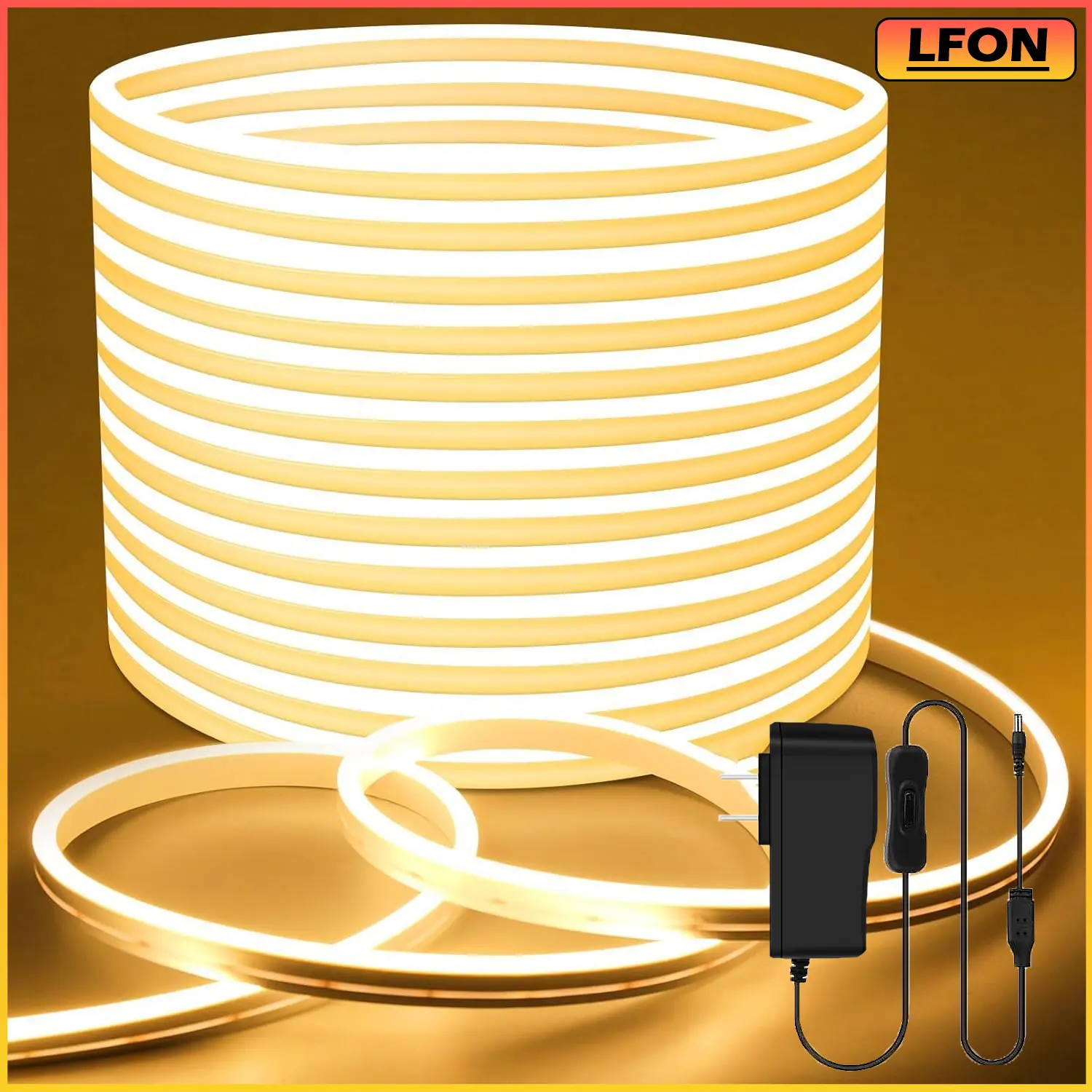 24V Safe Low-Voltage 10m Warm White Adjustable Flexible Neon Light Strip - IP65 Waterproof, 1-Touch On/Off Switch - Ideal for Bars, Kitchens, Living Rooms, Customizable Decor