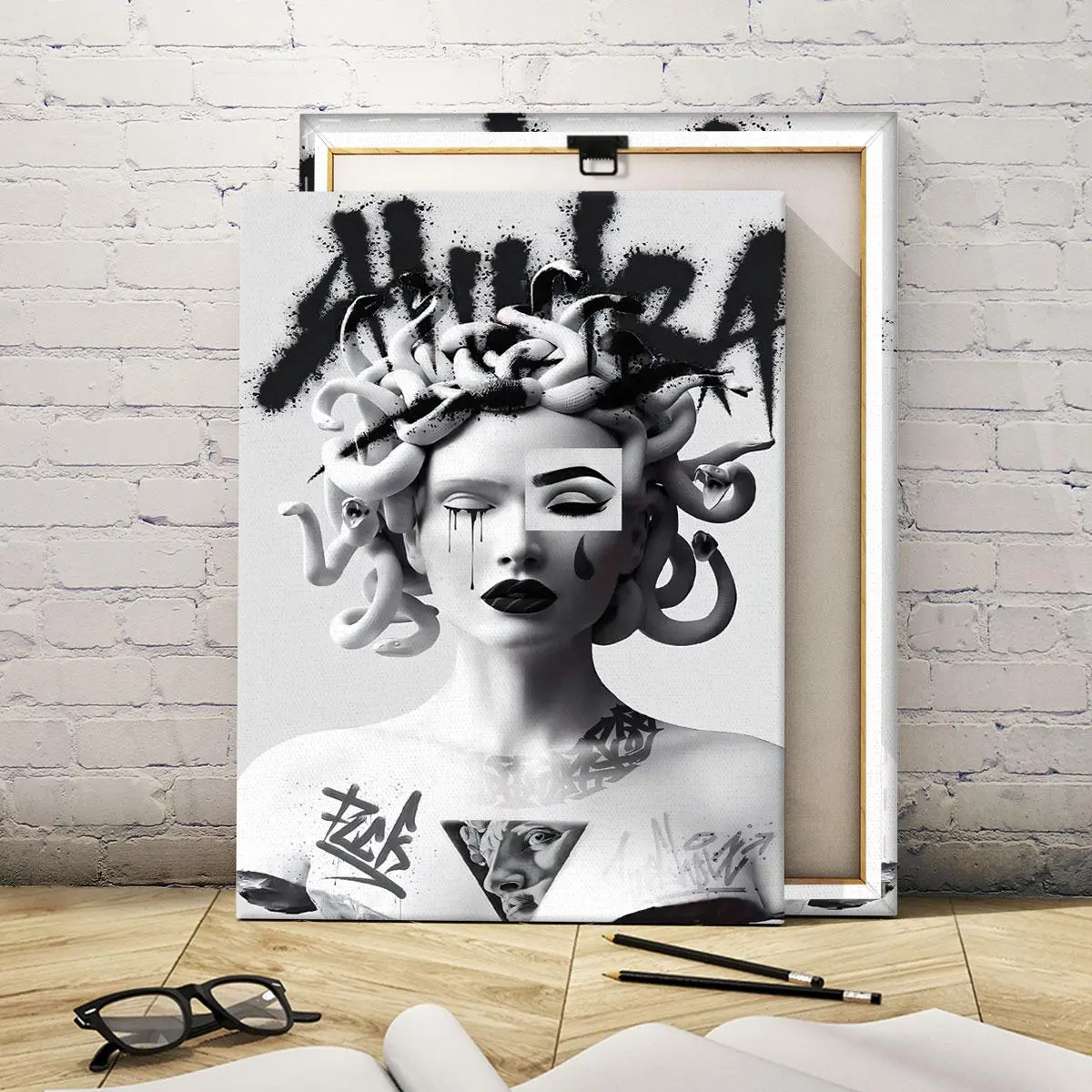 Street Art Medusa Pattern Abstract Face Design Wooden Framed Canvas, Abstract Art Prints, Modern Home & Office Decoration, Art Work For Wall Decor, Wooden Wall Art, Artwork, Ideal Gift, Ornaments