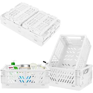 Plastic storage baskets for desk organization and office drawer organizer — set includes 2 medium and 2 small durable folding storage crates for home, kitchen, classroom, office, bedroom, and bathroom storage (white).