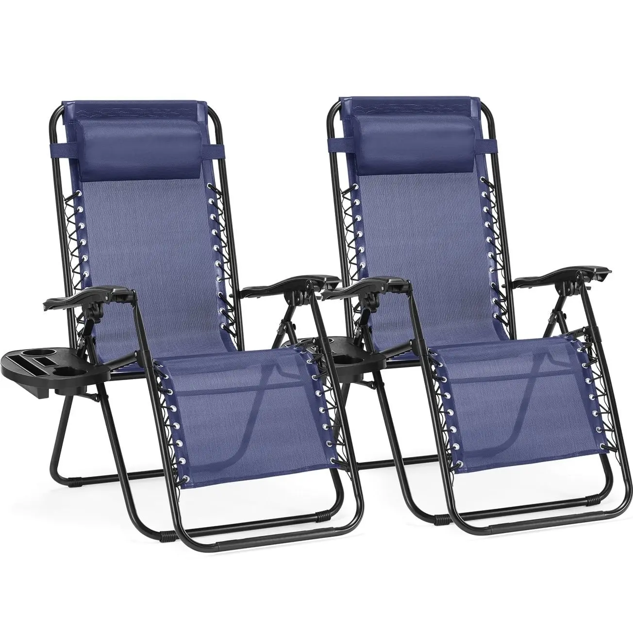 Modern Zero Gravity Patio Recliner Chair 2-Pack, Foldable Legs Folding Lounge with Adjustable Pillow, Cup Tray, Textile Mesh, Open 43.5", 2-Seat Outdoor Relaxation for Lawn, Deck
