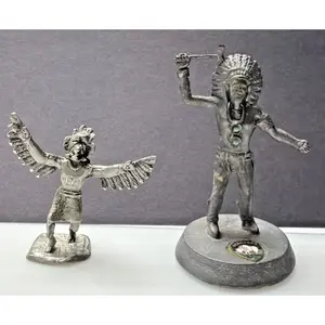 Lot of 2 Pewter Native American Kachina Dancer Indian Chief Figurines Turquoise