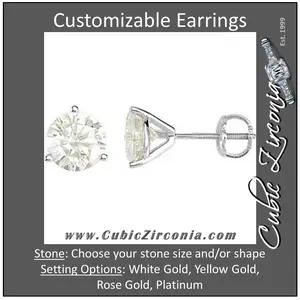 Cubic Zirconia Earrings- Customizable 3-Prong Round Cut Stud Earring Set